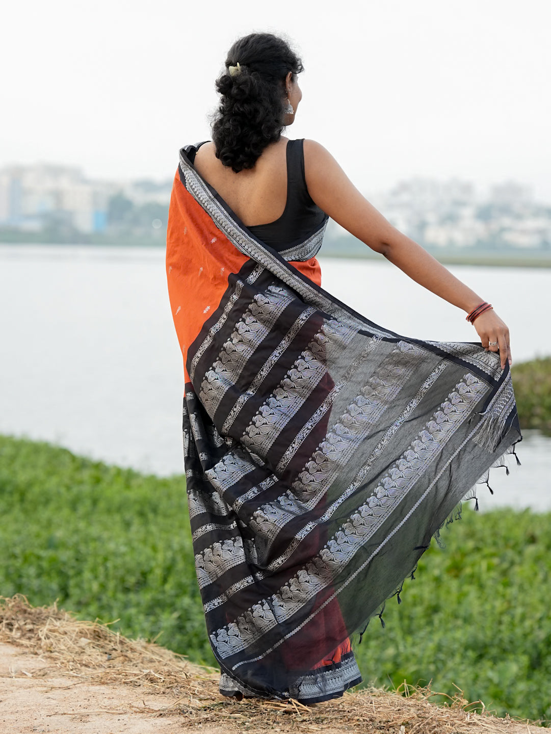 Rust Orange & Black Kalyani Cotton Saree
