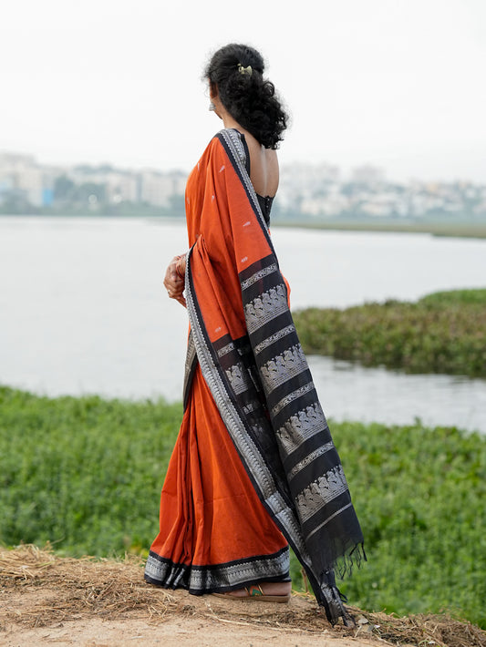 Rust Orange & Black Kalyani Cotton Saree