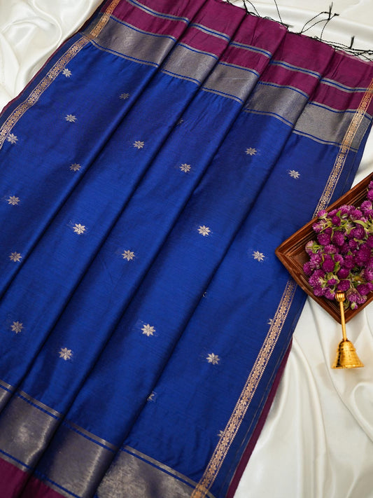 Dark Purple/ Deep Wine & Royal Blue - Maheshwari Cotton Saree