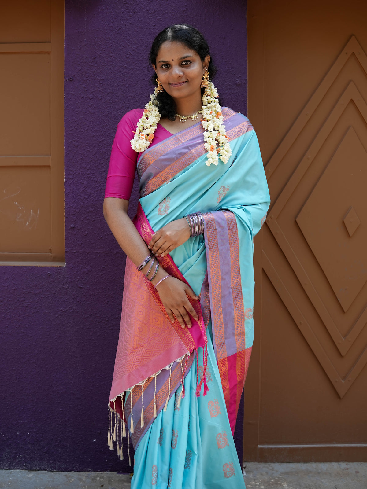 Blue & Pink Soft Silk Saree