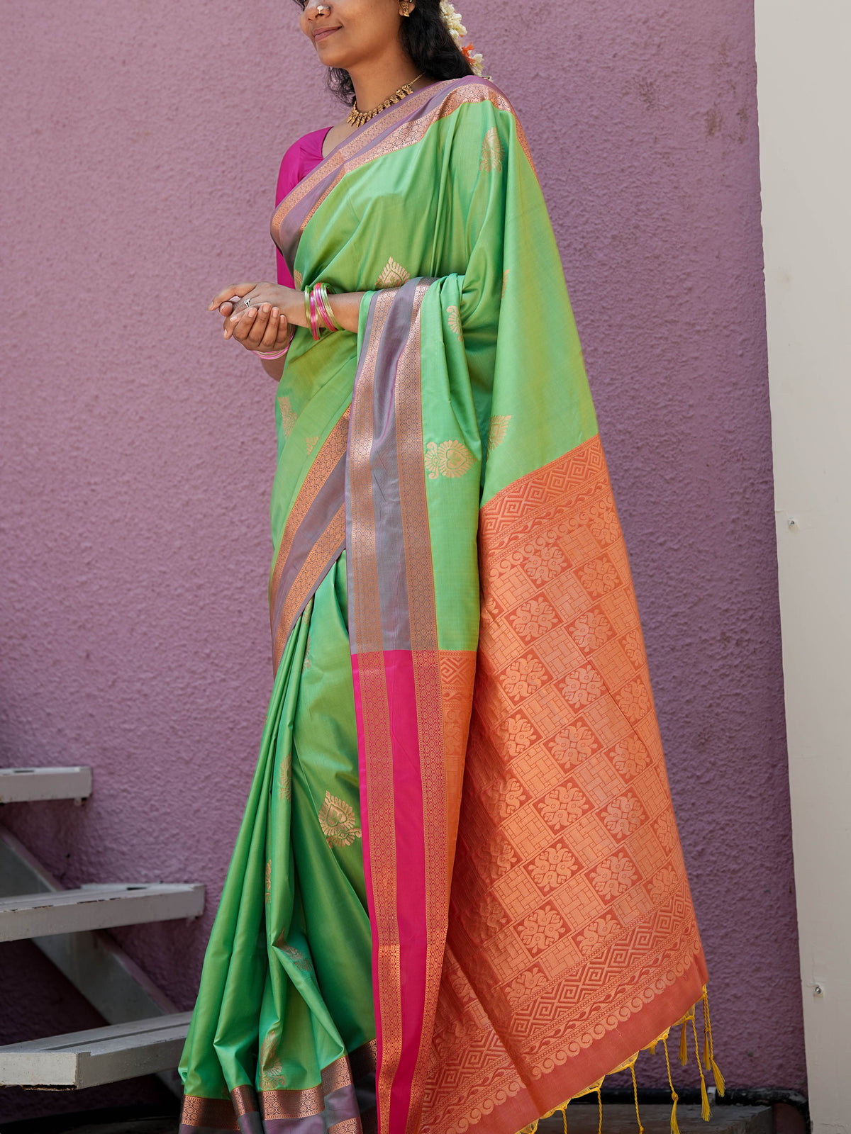 Green & Pink Soft Silk Saree