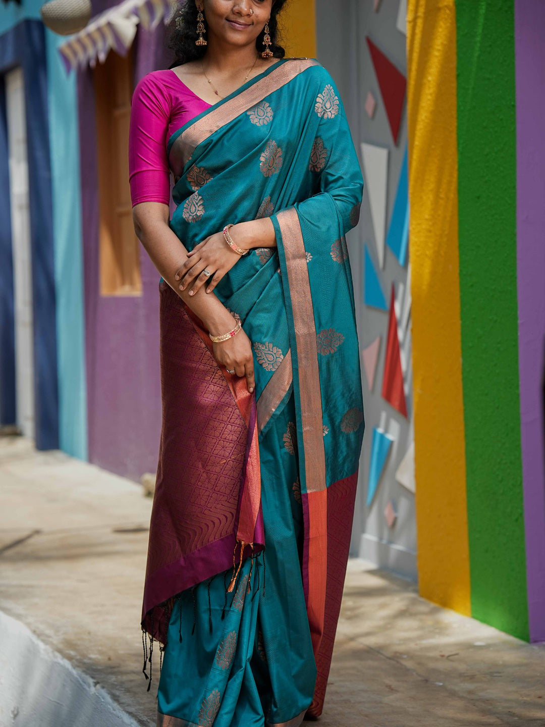 Teal Blue & Pink Soft Silk Saree