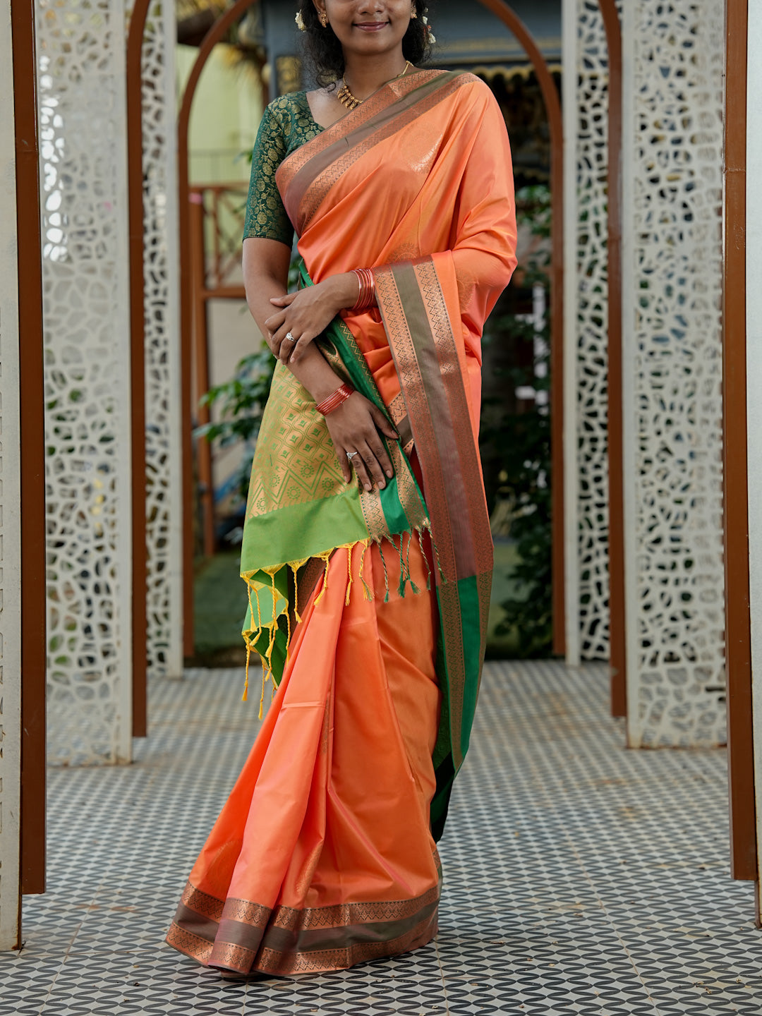 Peach Orange & Green Soft Silk Saree