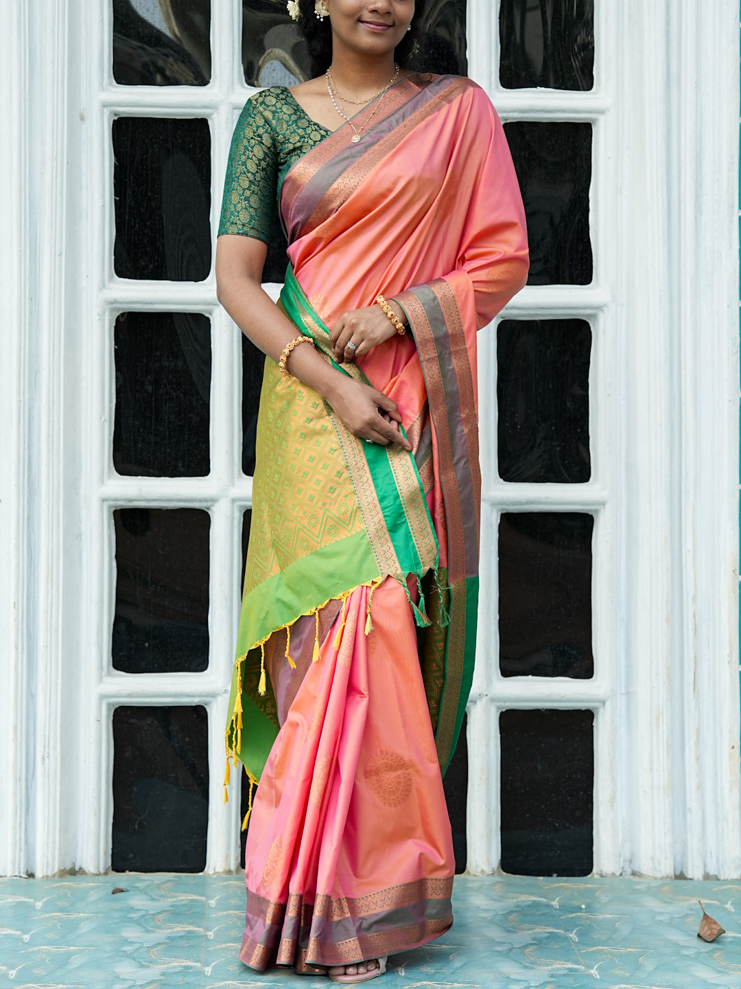 Peach Pink & Green Soft Silk Saree