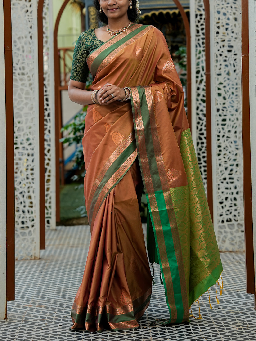 Rust Brown & Emerald Green Soft Silk Saree