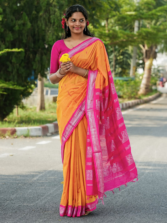 Mustard Yellow & Pink Double-Shaded Kalyani Cotton Saree