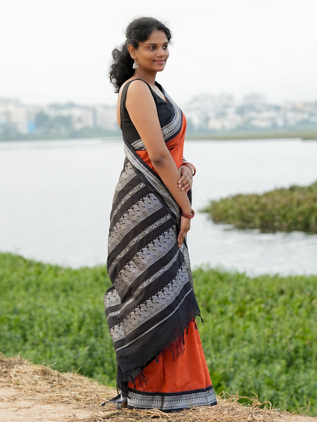 Rust Orange & Black Kalyani Cotton Saree