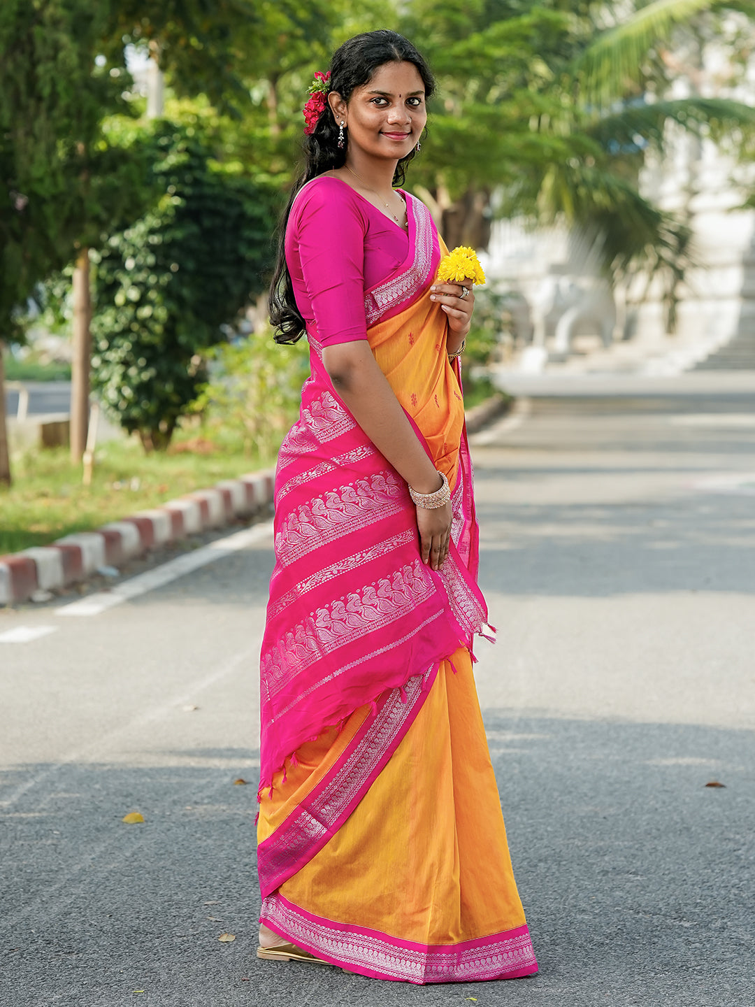 Mustard Yellow & Pink Double-Shaded Kalyani Cotton Saree