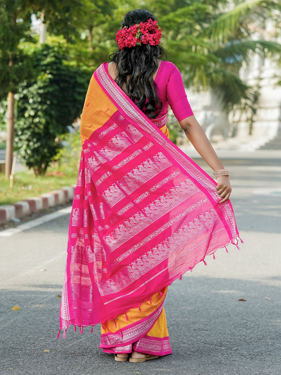 Mustard Yellow & Pink Double-Shaded Kalyani Cotton Saree