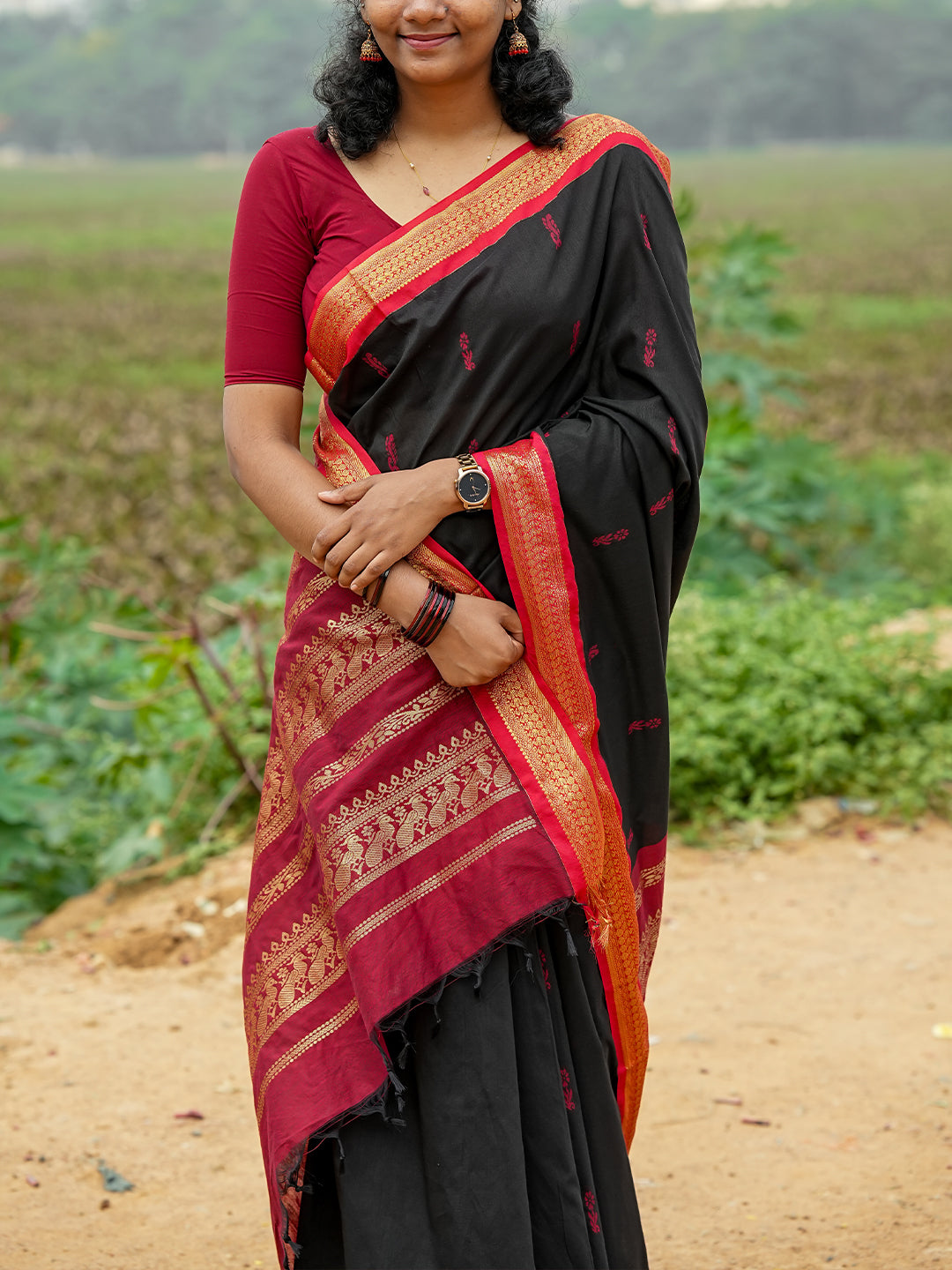 Black & Red Kalyani Cotton Saree