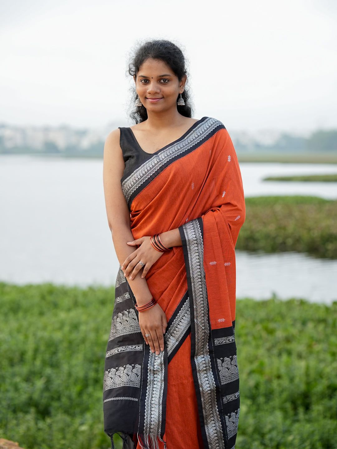 Rust Orange & Black Kalyani Cotton Saree
