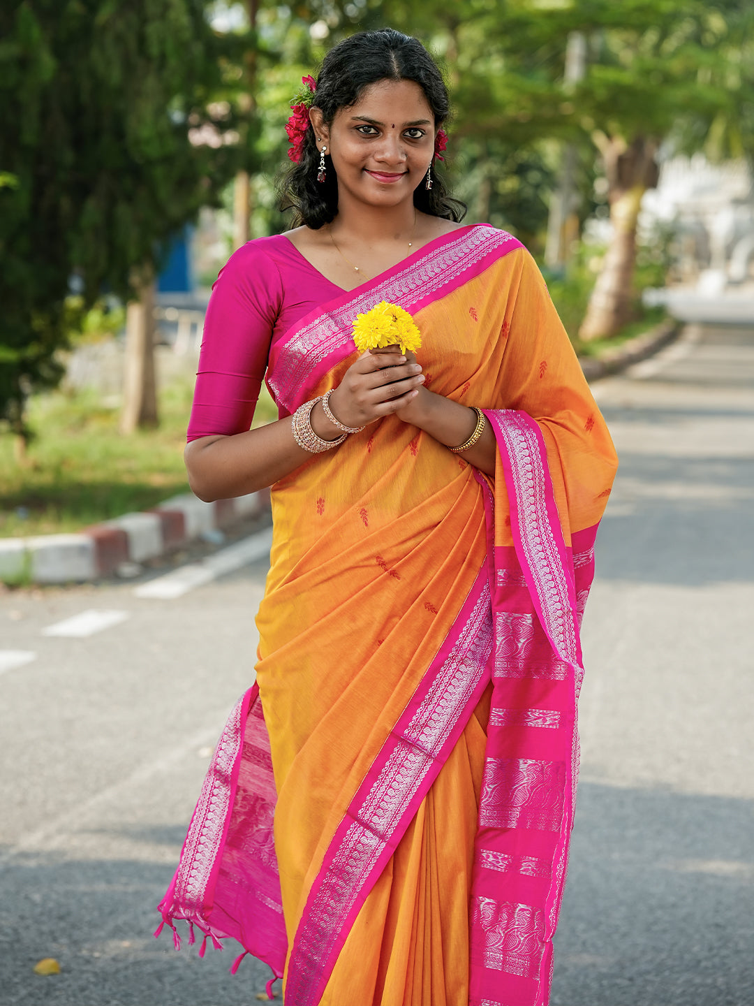 Mustard Yellow & Pink Double-Shaded Kalyani Cotton Saree