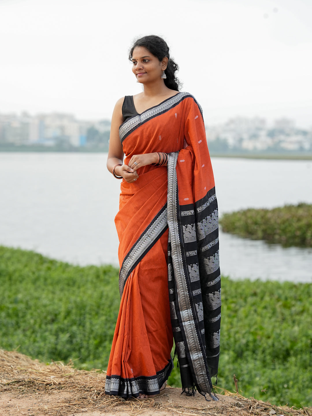 Rust Orange & Black Kalyani Cotton Saree