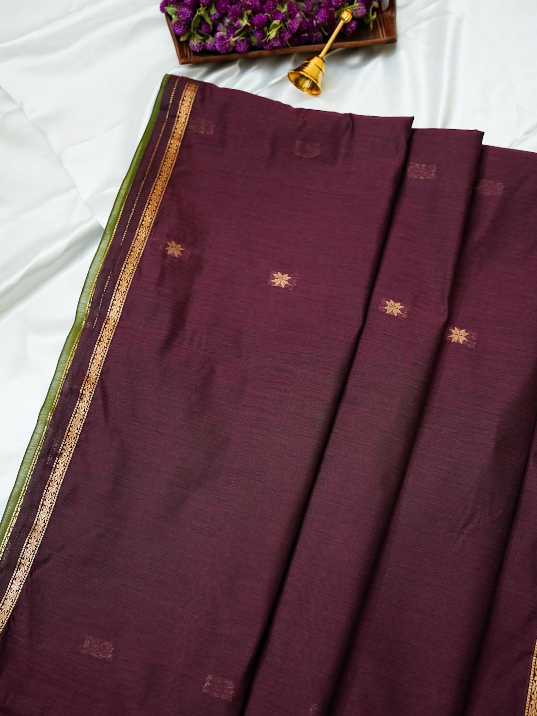 Dark Maroon/Deep Wine & Olive Green- Maheshwari Cotton Saree