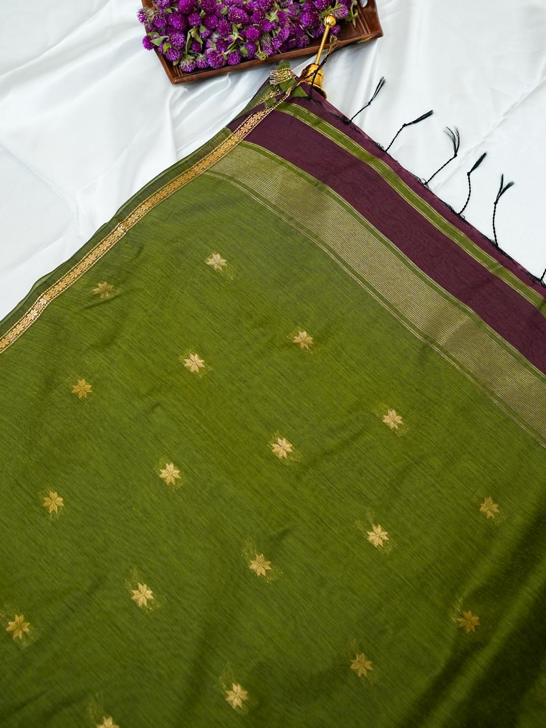 Dark Maroon/Deep Wine & Olive Green- Maheshwari Cotton Saree
