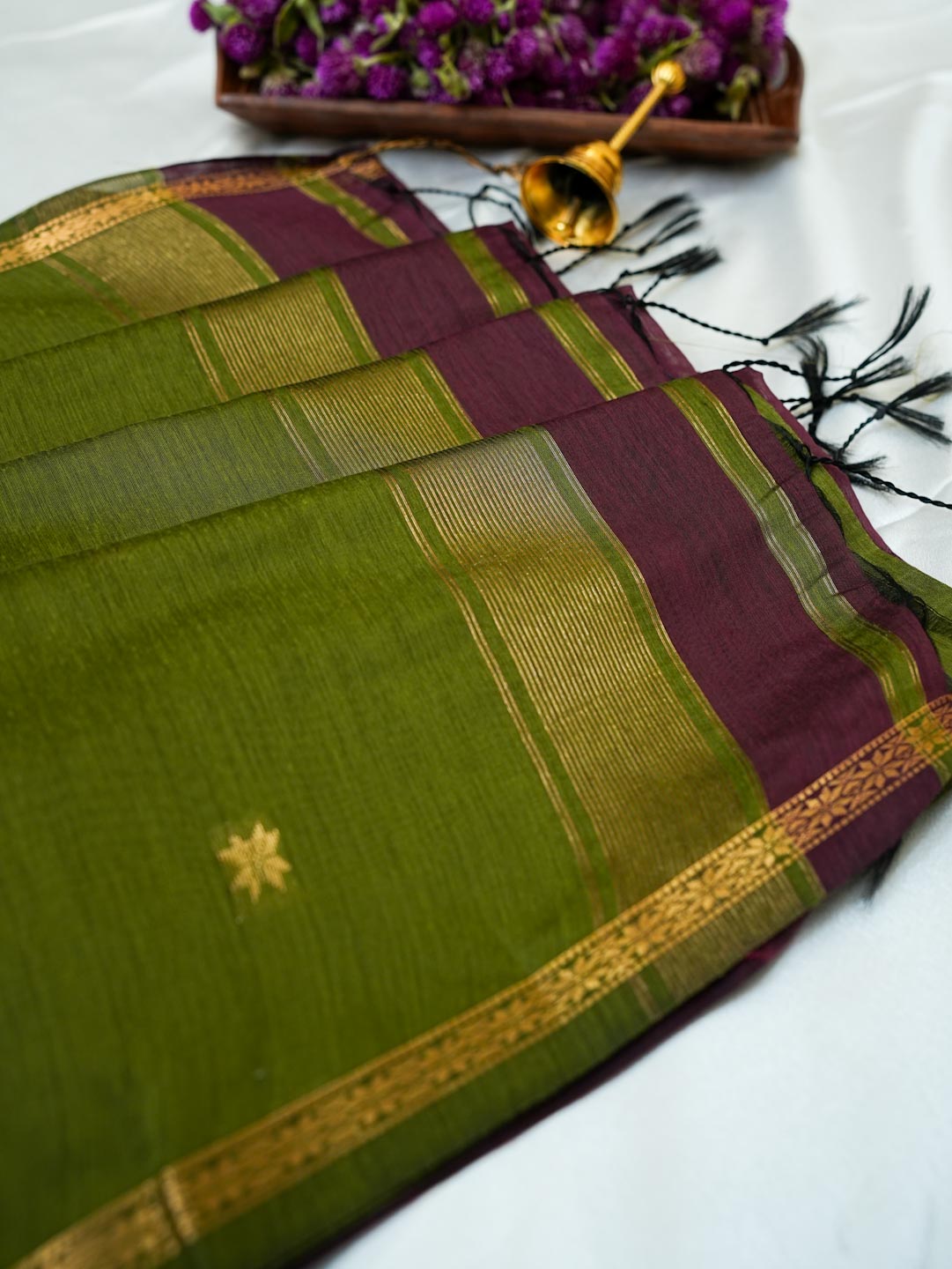 Dark Maroon/Deep Wine & Olive Green- Maheshwari Cotton Saree