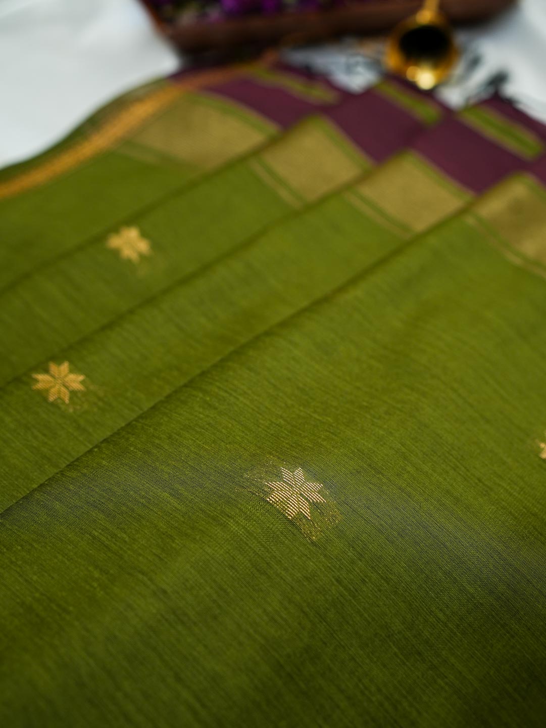 Dark Maroon/Deep Wine & Olive Green- Maheshwari Cotton Saree