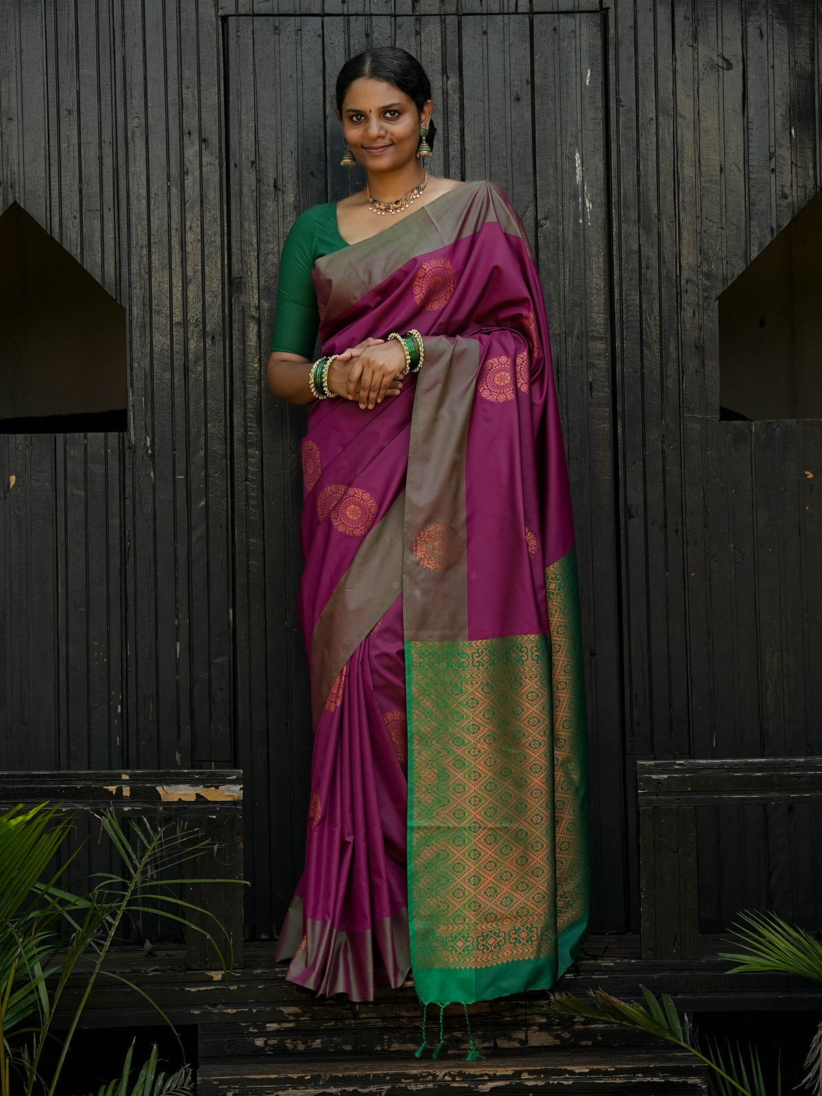 Wine Purple & Green Borderless Soft Silk Saree
