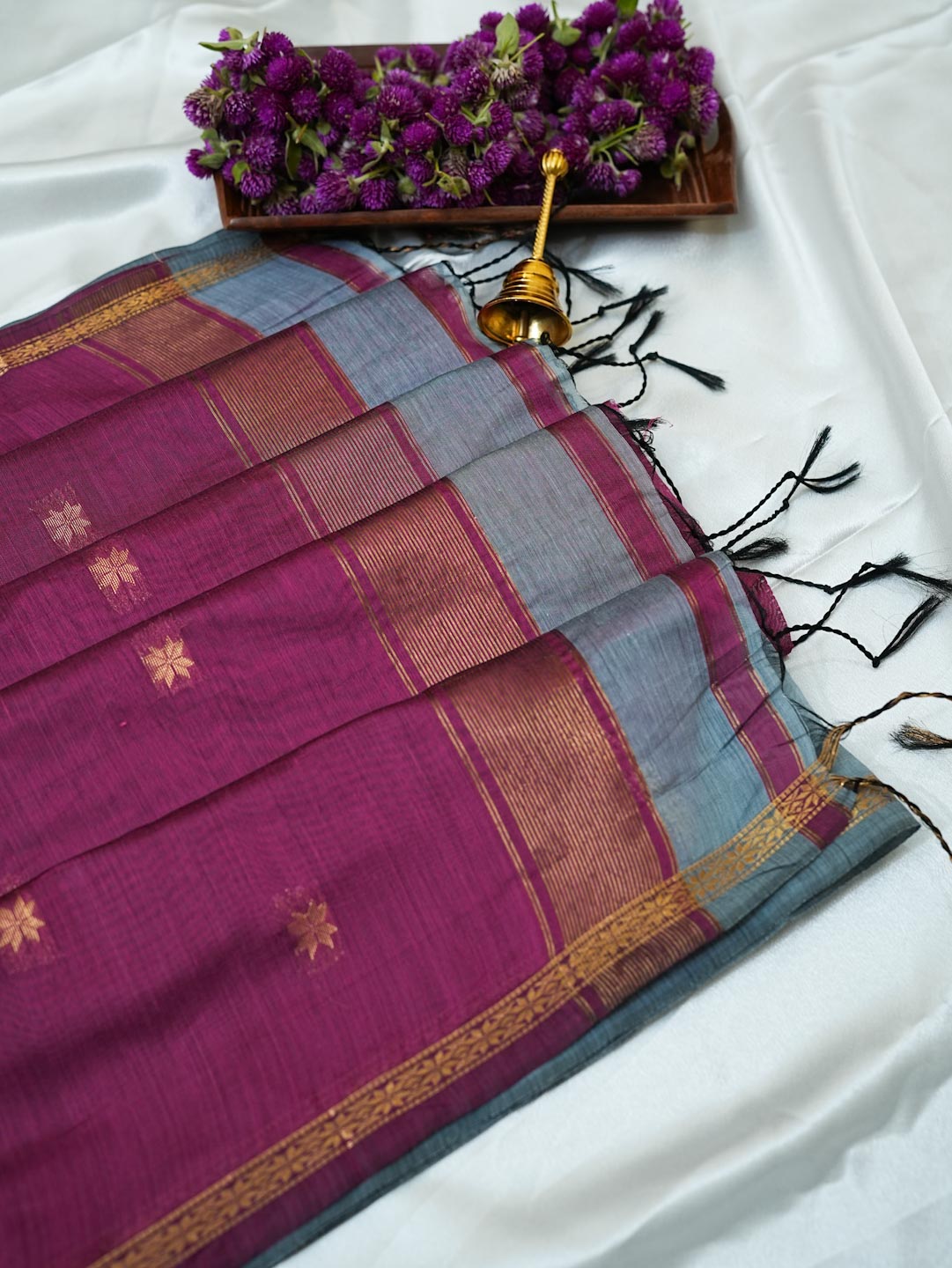 Slate Blue/Grey &  Magenta Maheshwari Cotton Saree