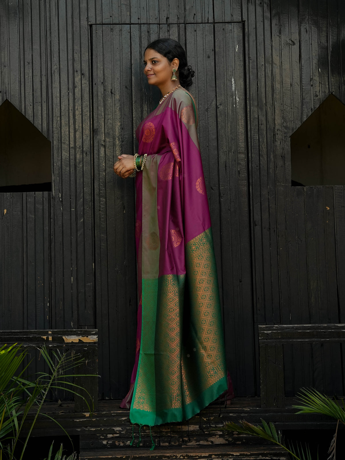 Wine Purple & Green Borderless Soft Silk Saree