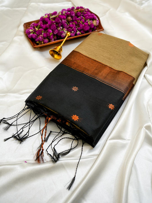 Beige & Black - Maheshwari Cotton Saree