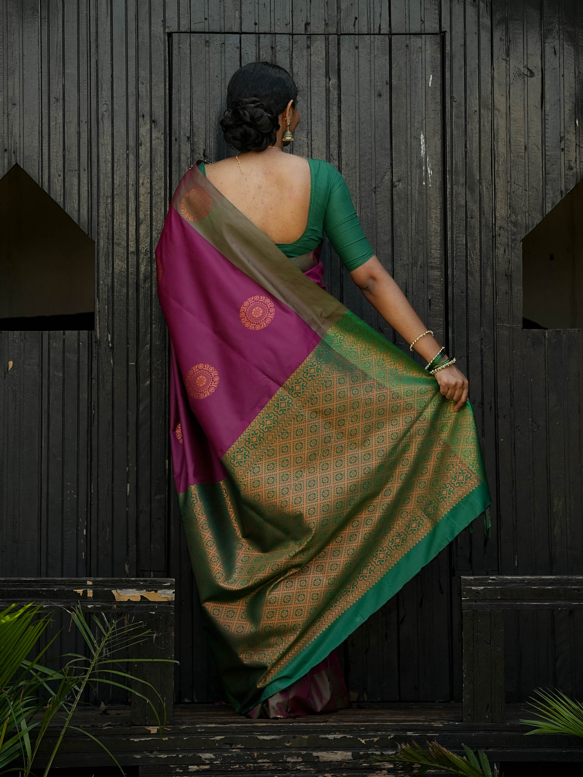 Wine Purple & Green Borderless Soft Silk Saree