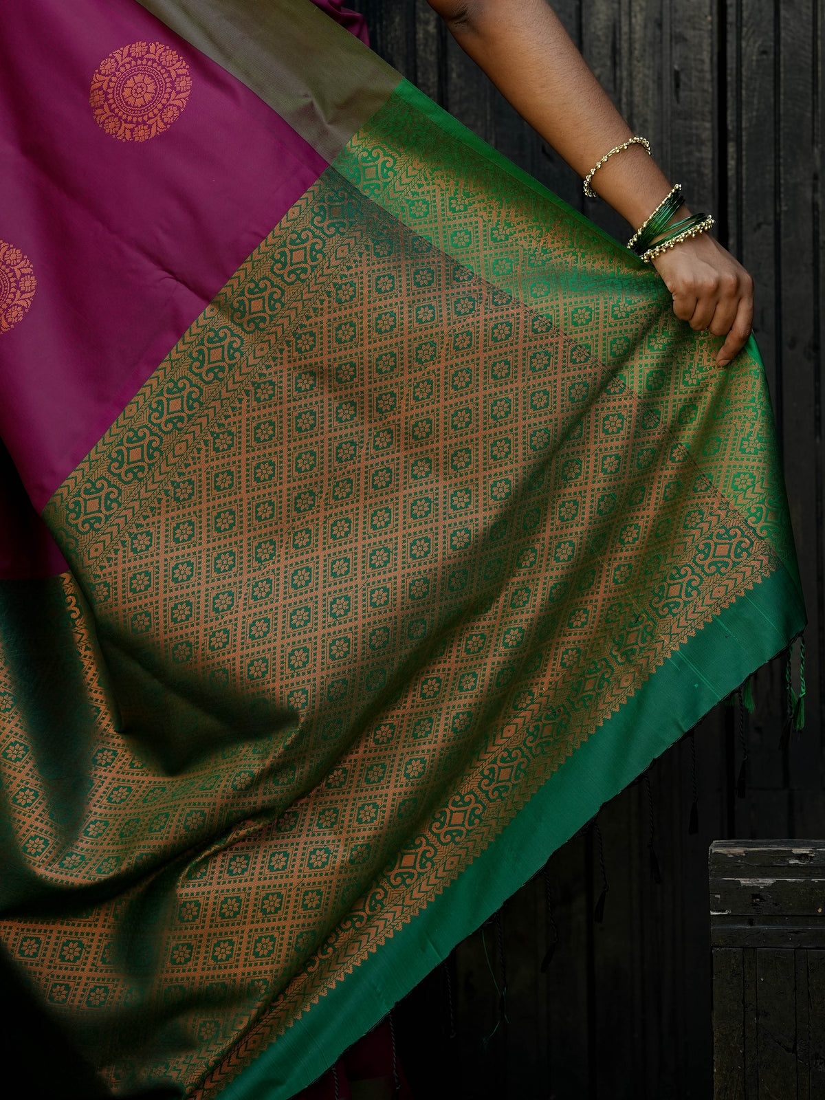 Wine Purple & Green Borderless Soft Silk Saree