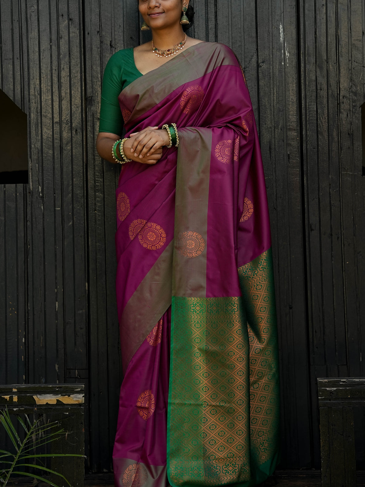 Wine Purple & Green Borderless Soft Silk Saree