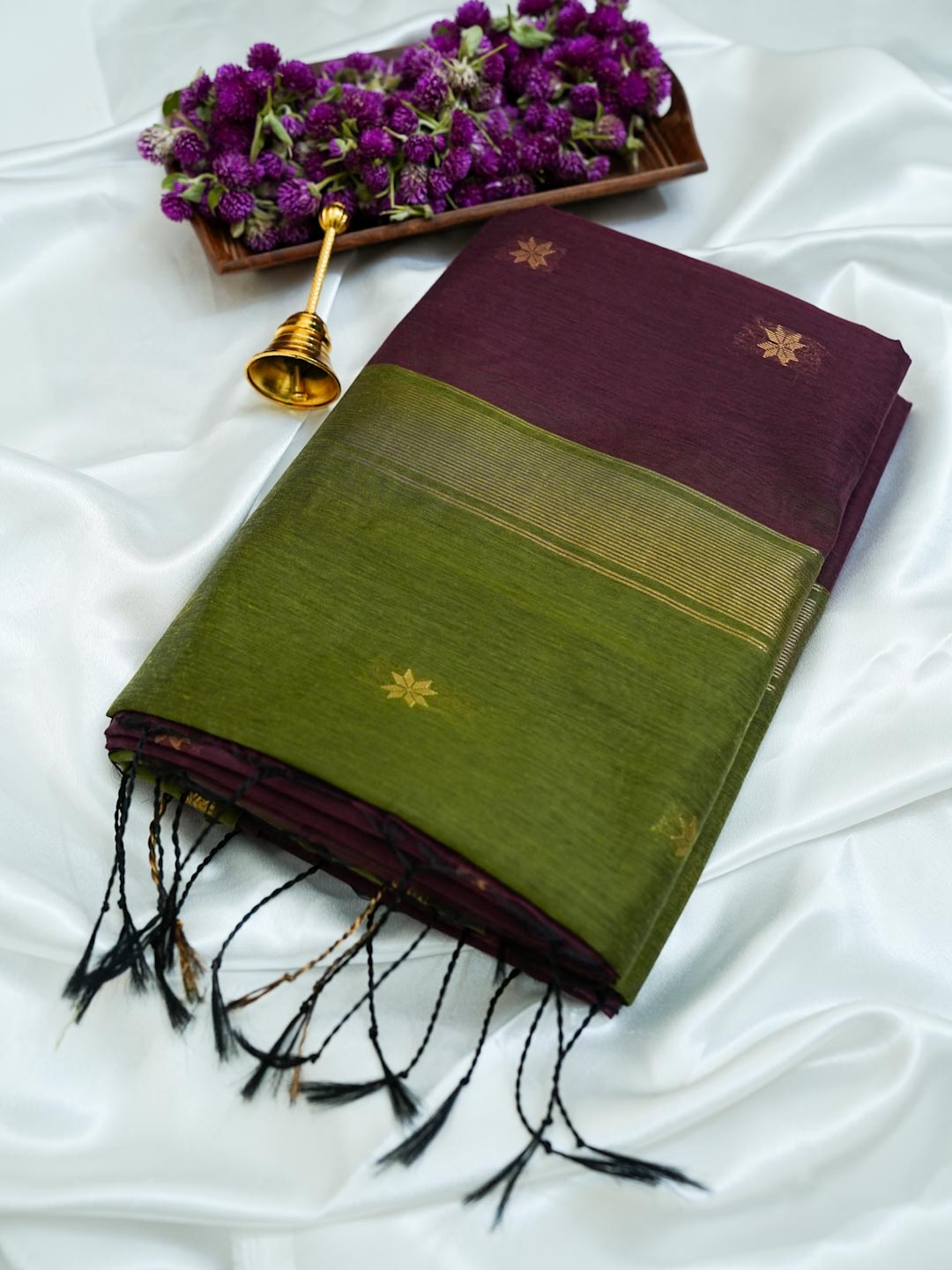 Dark Maroon/Deep Wine & Olive Green- Maheshwari Cotton Saree