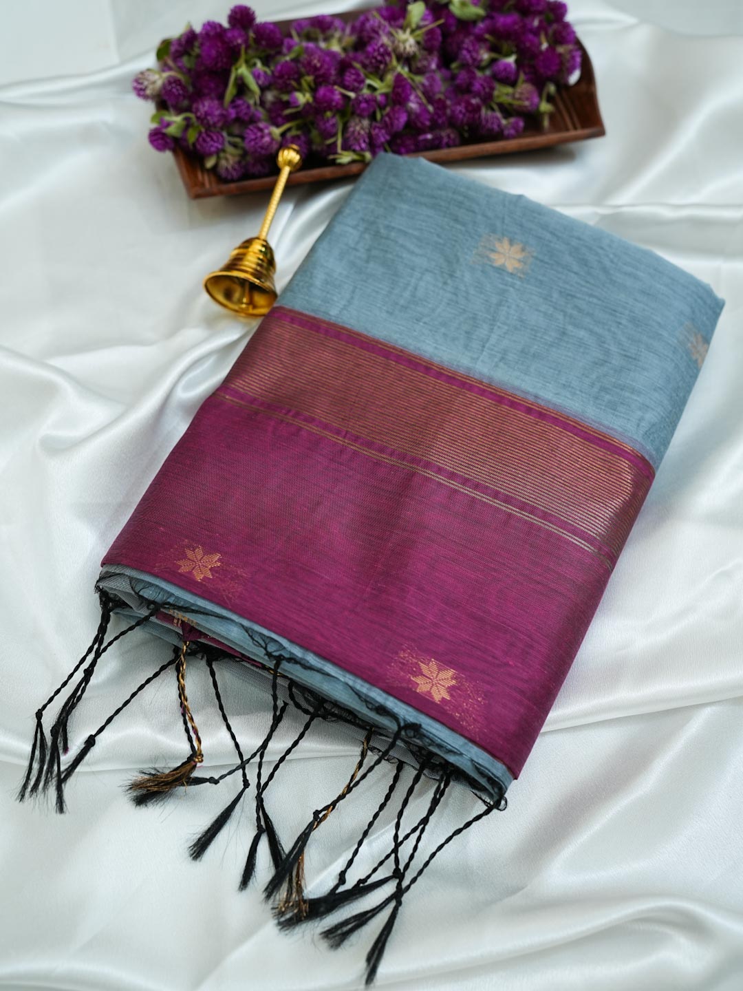 Slate Blue/Grey &  Magenta Maheshwari Cotton Saree