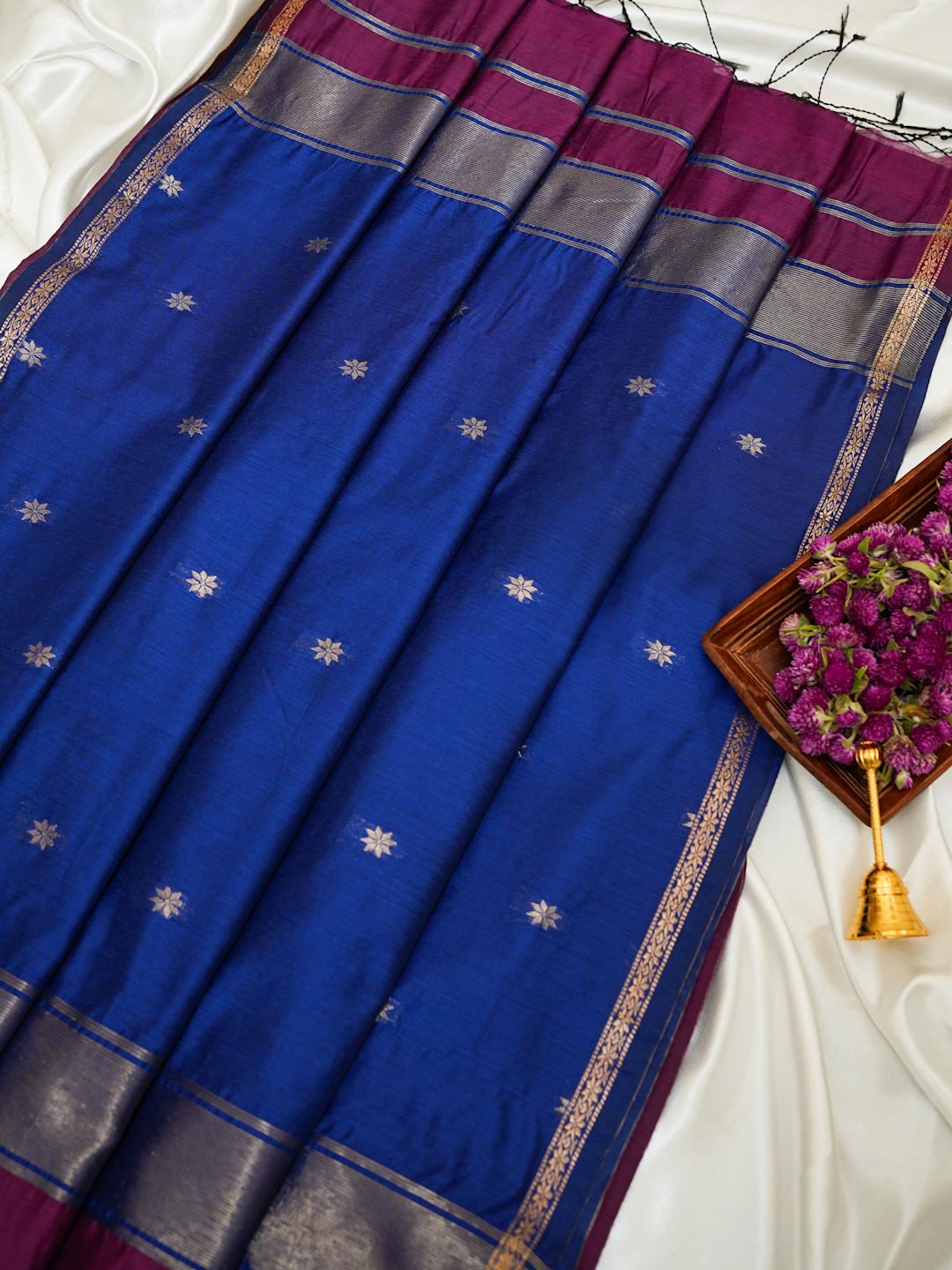 Dark Purple/ Deep Wine & Royal Blue - Maheshwari Cotton Saree