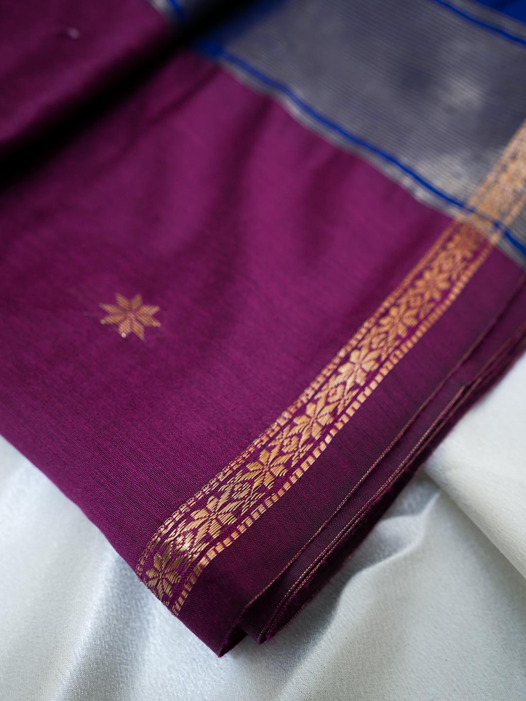 Dark Purple/ Deep Wine & Royal Blue - Maheshwari Cotton Saree