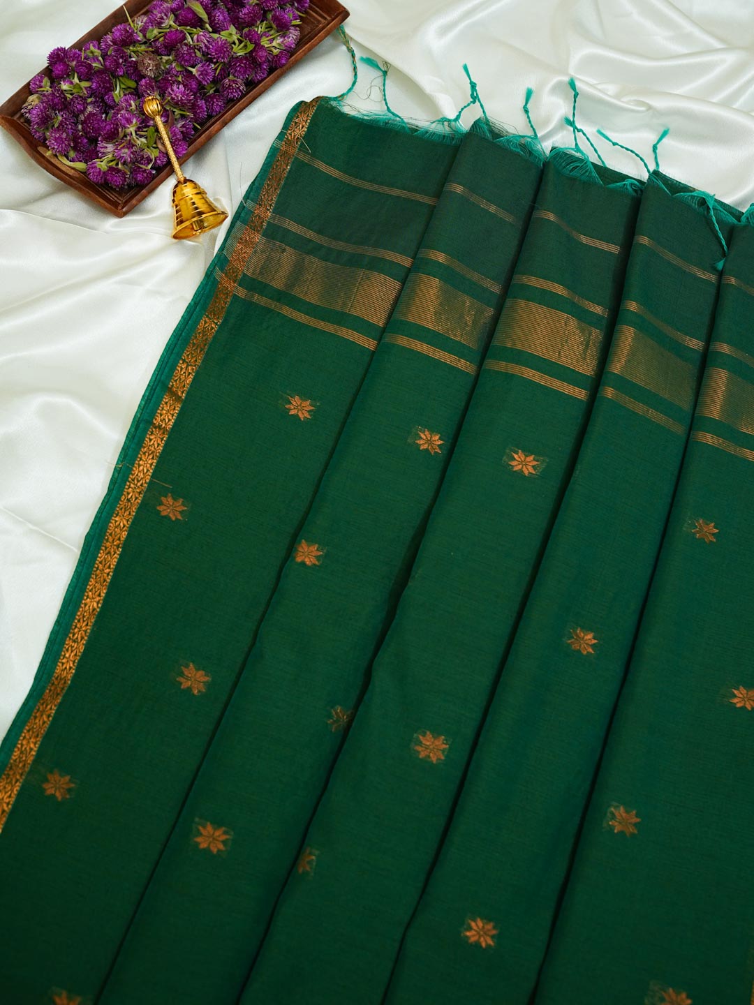 Deep Forest Green/ Dark Green- Maheshwari Cotton Saree