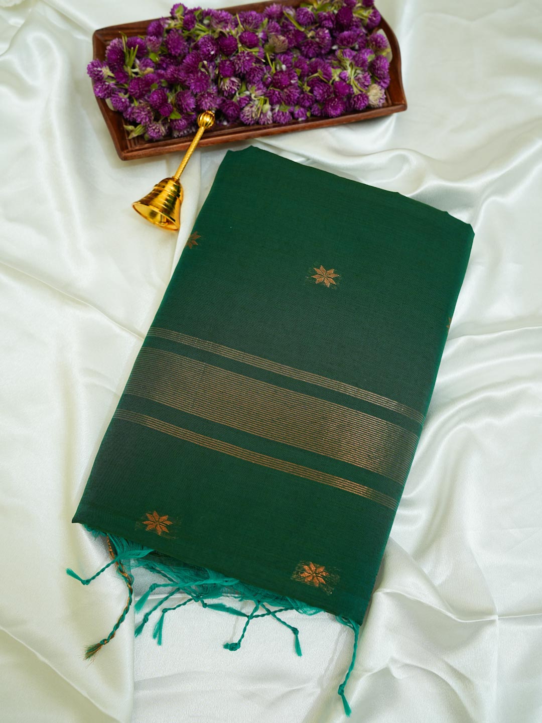 Deep Forest Green/ Dark Green- Maheshwari Cotton Saree