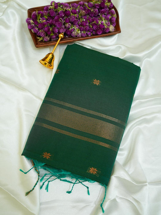 Deep Forest Green/ Dark Green- Maheshwari Cotton Saree
