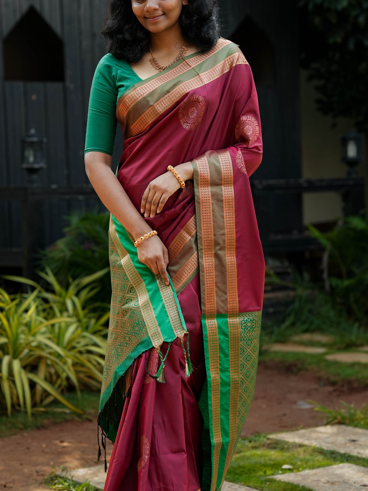 Maroon & Green Soft Silk Saree