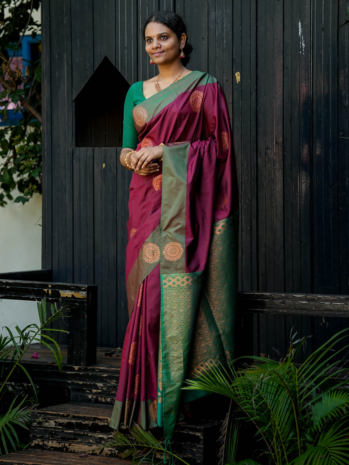 Maroon & Green Borderless Soft Silk Saree