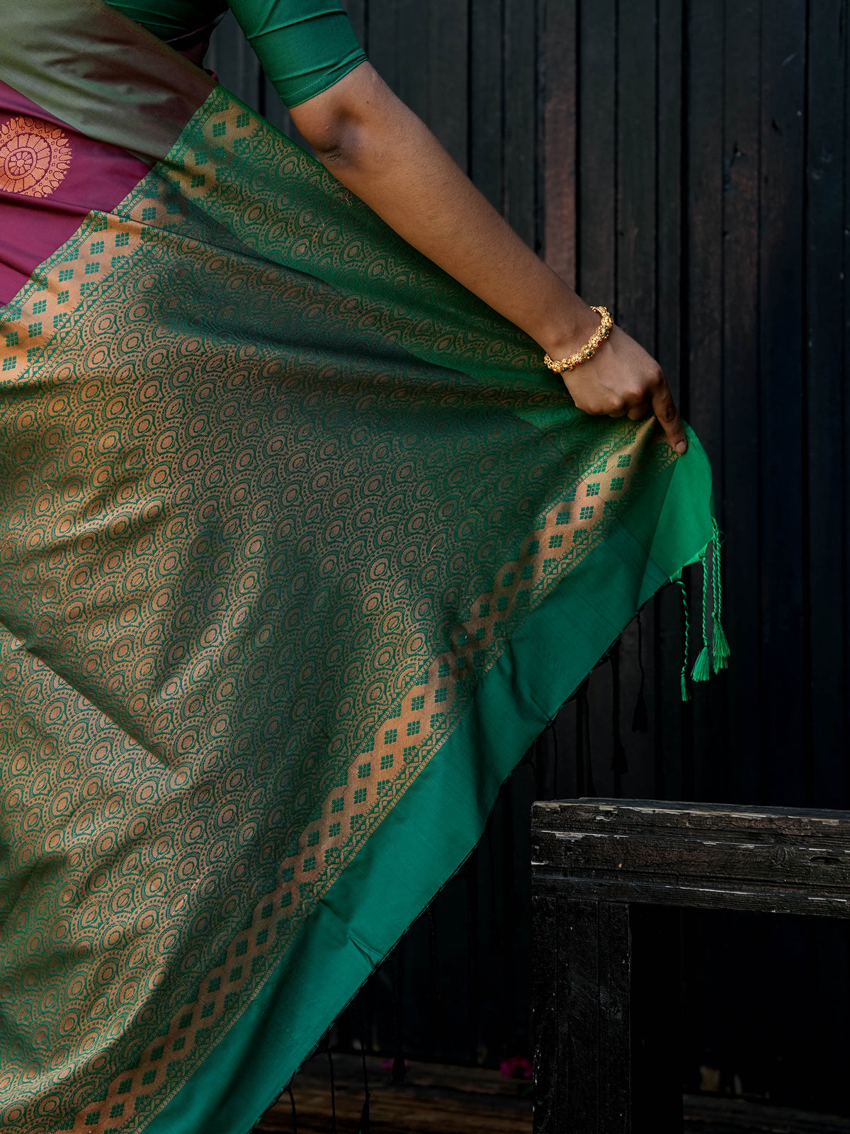 Maroon & Green Borderless Soft Silk Saree