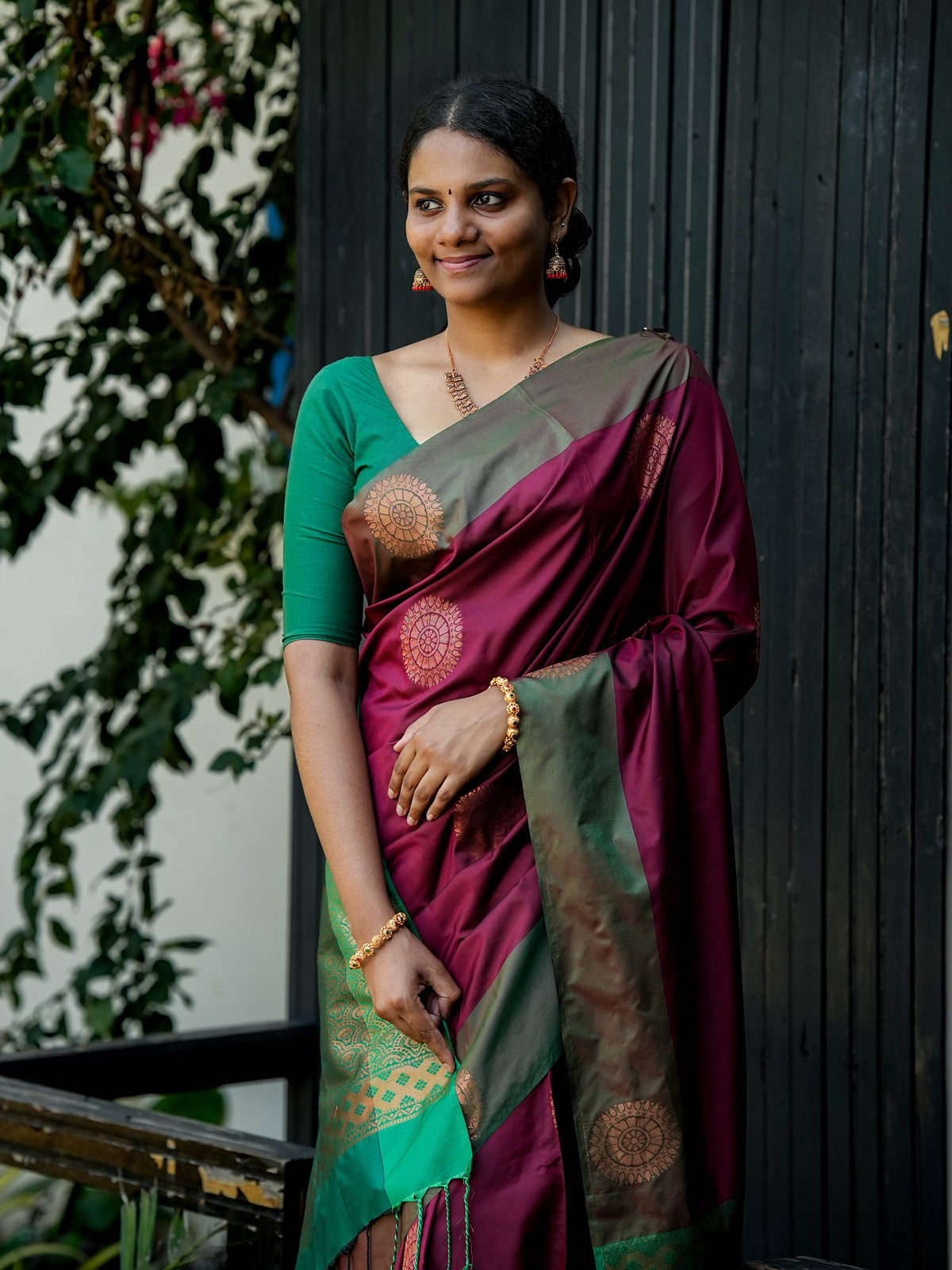 Maroon & Green Borderless Soft Silk Saree