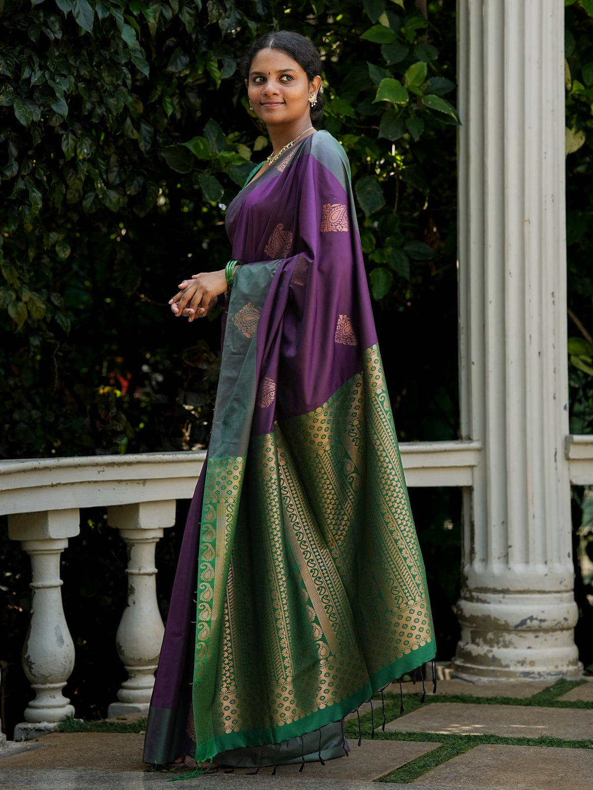 Purple & Green Borderless Soft Silk Saree