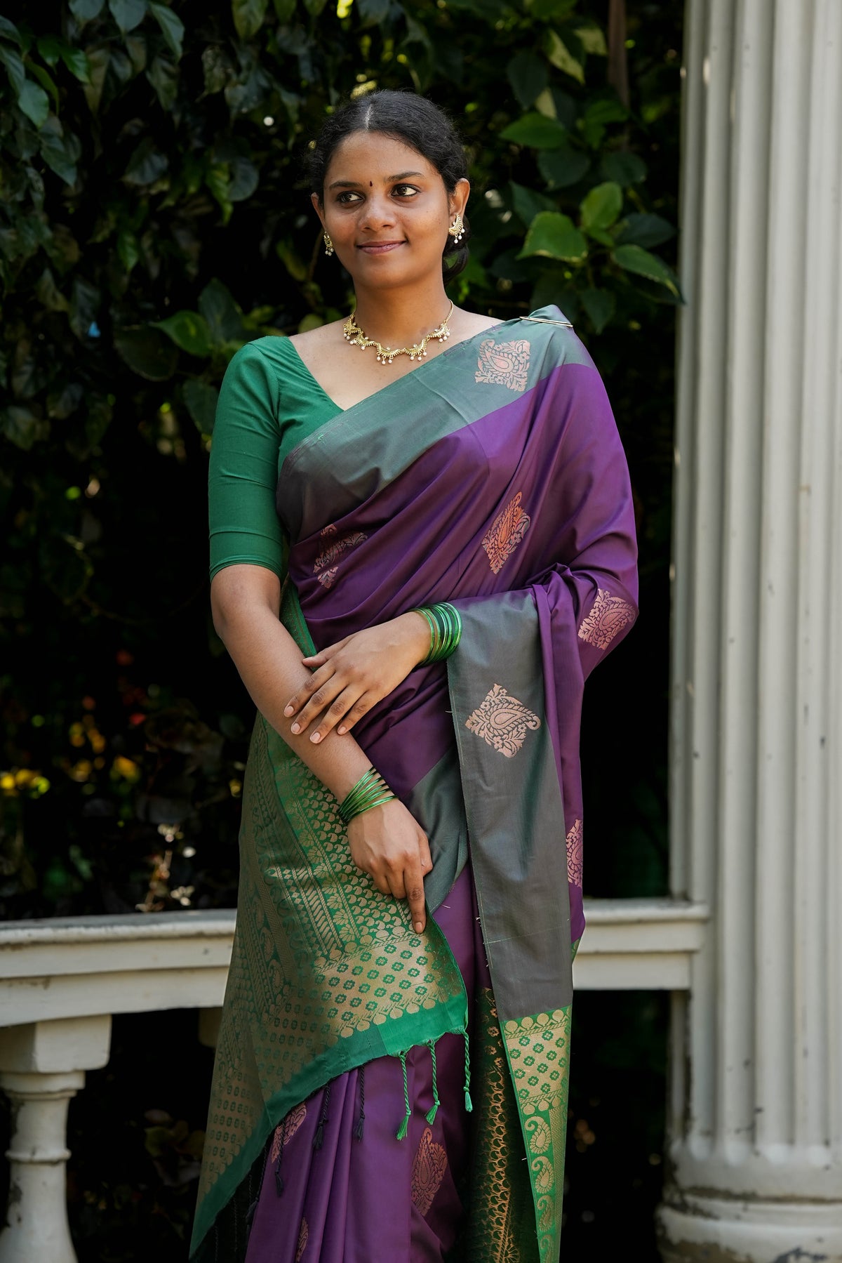 Purple & Green Borderless Soft Silk Saree