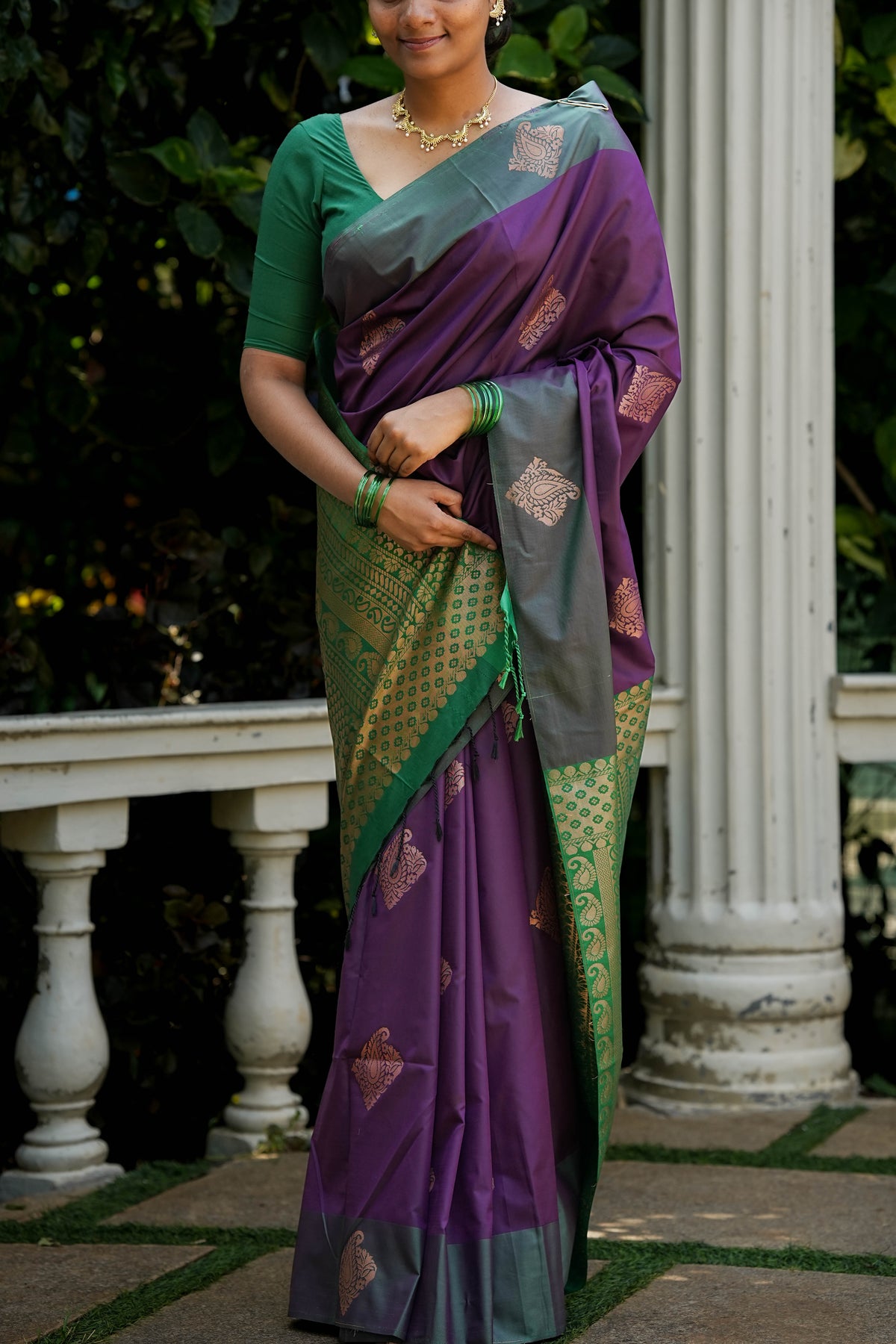 Purple & Green Borderless Soft Silk Saree