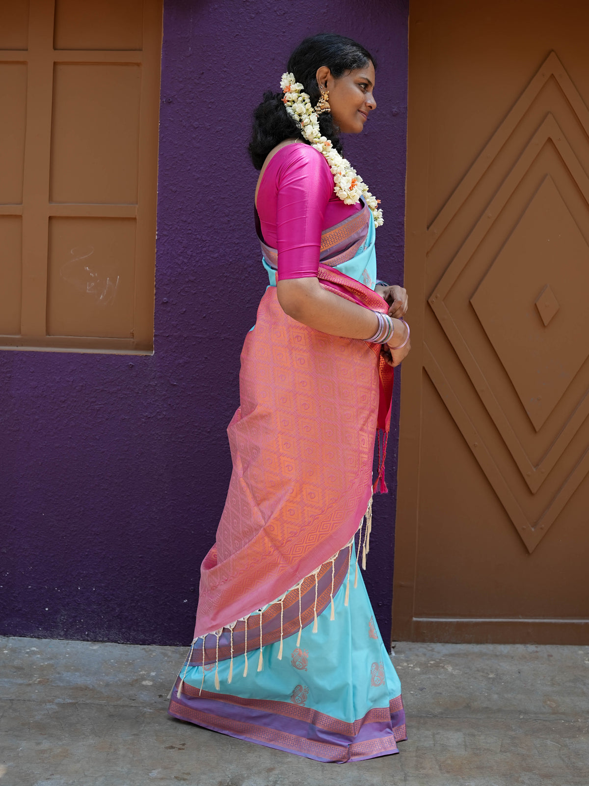 Blue & Pink Soft Silk Saree