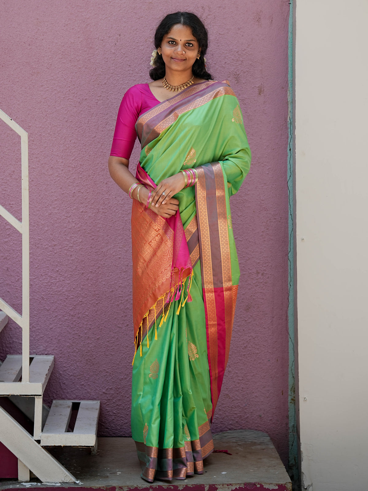 Green & Pink Soft Silk Saree