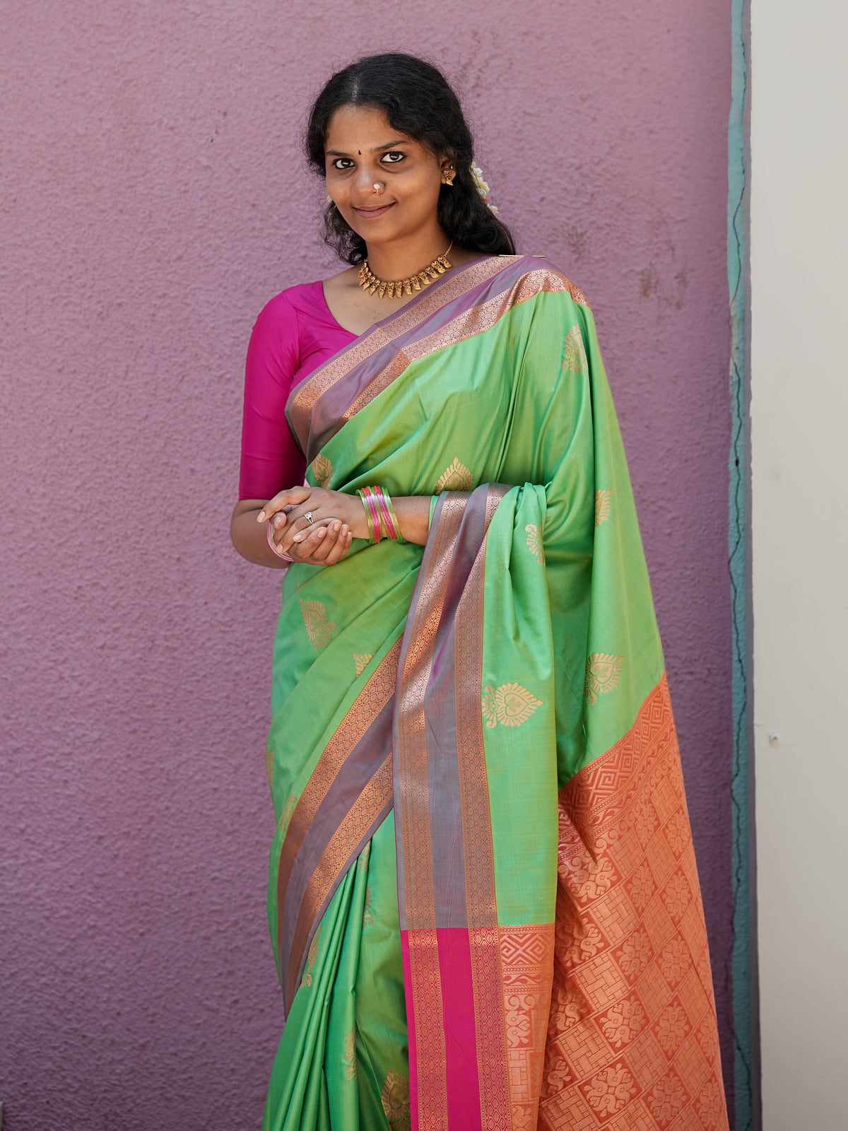 Green & Pink Soft Silk Saree