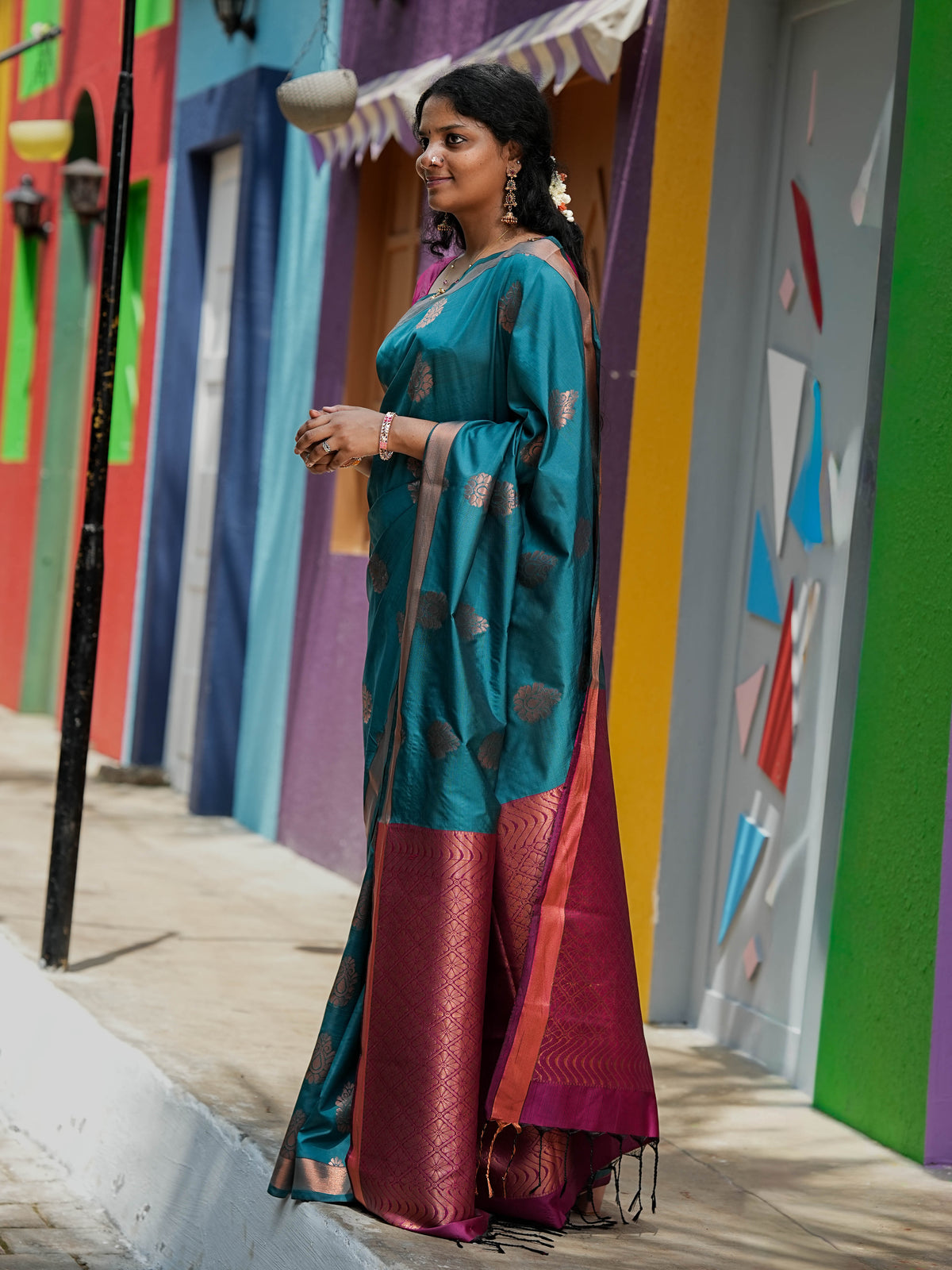 Teal Blue & Pink Soft Silk Saree