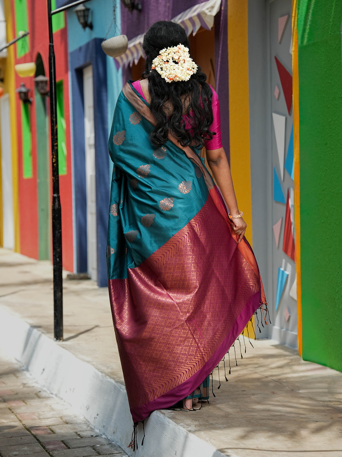 Teal Blue & Pink Soft Silk Saree
