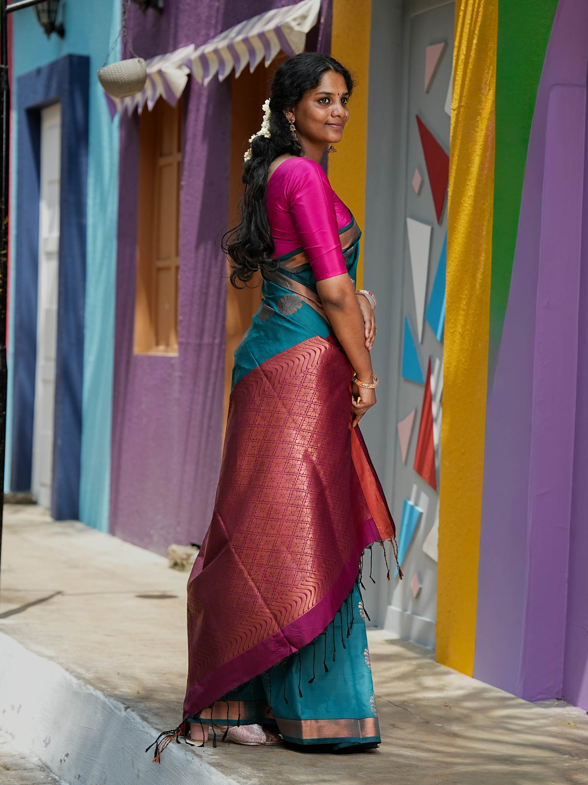 Teal Blue & Pink Soft Silk Saree