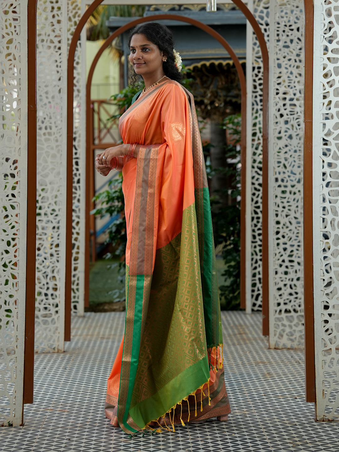 Peach Orange & Green Soft Silk Saree