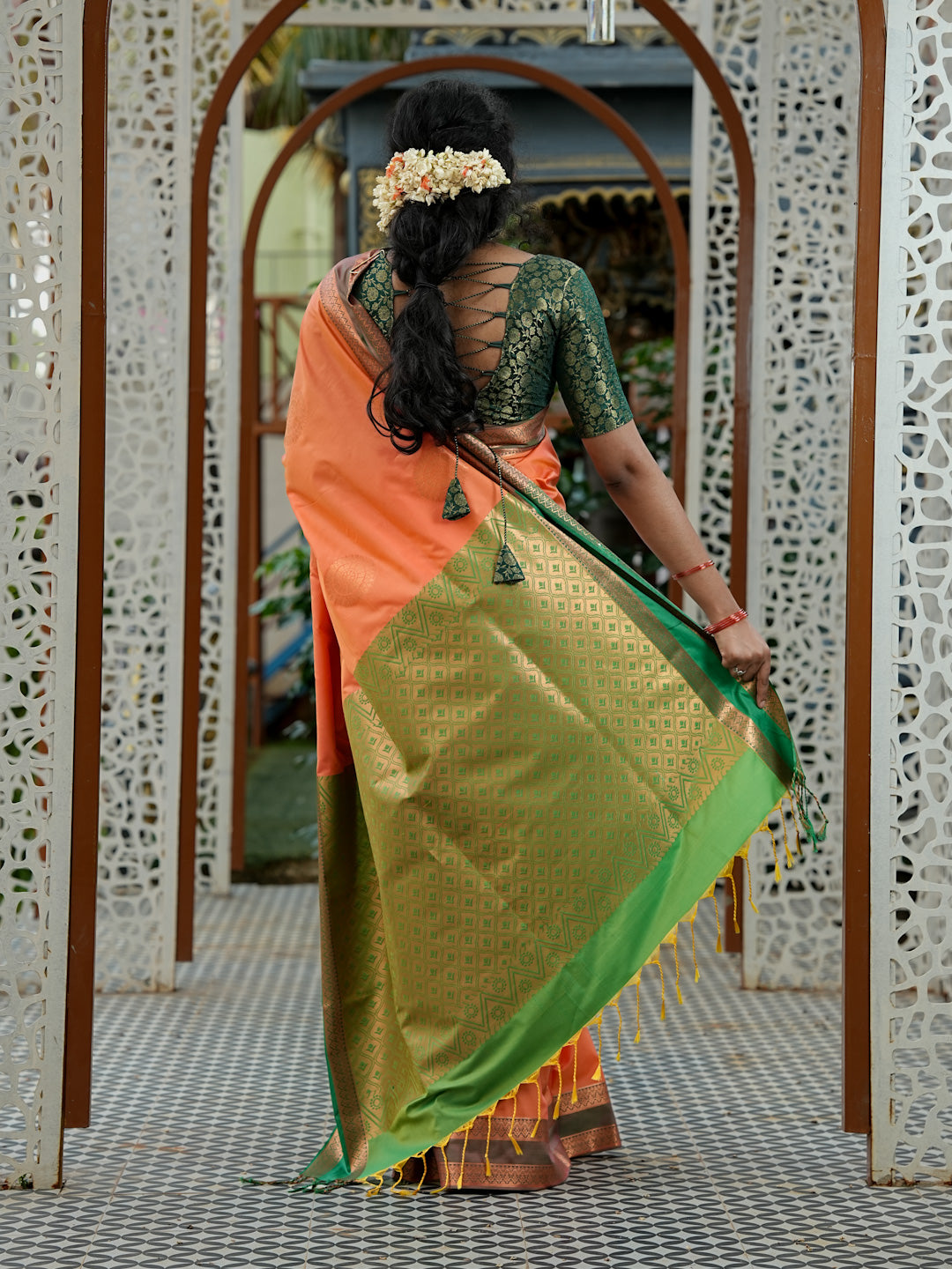 Peach Orange & Green Soft Silk Saree